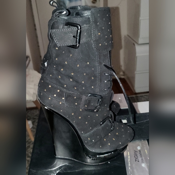 Ziginy Black Label leather rhinestone Studded Embellished Wedged Platforms sz 7 - Picture 2 of 12